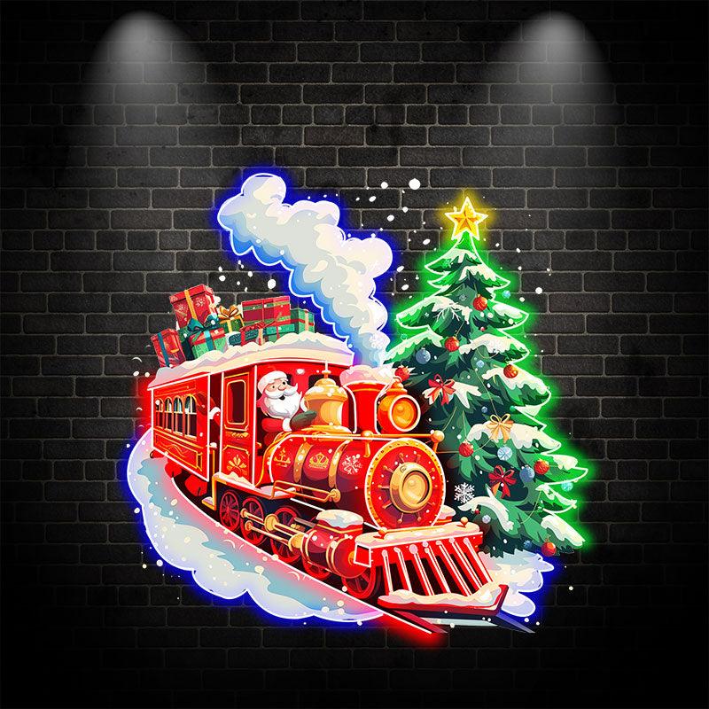 Santa Claus Red Train LED Lights neon signs - Filled with Christmas Gifts with Green Christmas Tree, Perfect Holiday Decoration