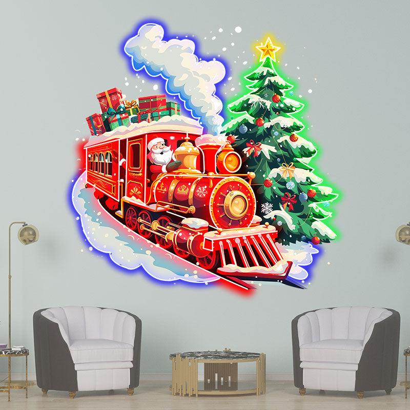 Santa Claus Red Train LED Lights neon signs - Filled with Christmas Gifts with Green Christmas Tree, Perfect Holiday Decoration