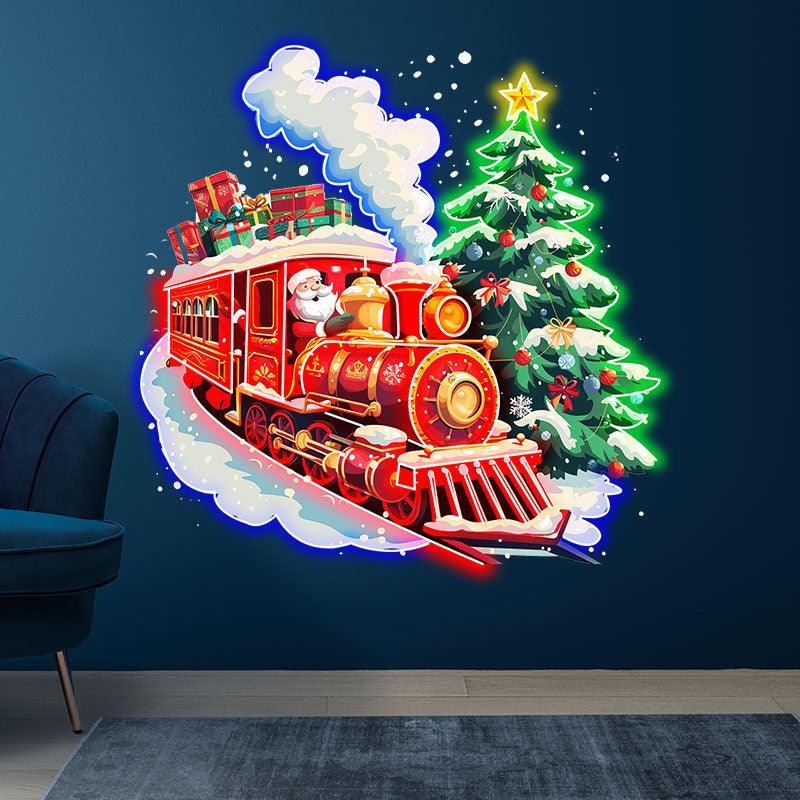 Santa Claus Red Train LED Lights neon signs - Filled with Christmas Gifts with Green Christmas Tree, Perfect Holiday Decoration