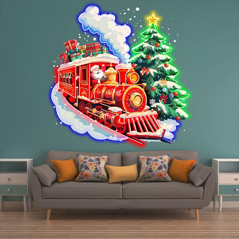 Santa Claus Red Train LED Lights neon signs - Filled with Christmas Gifts with Green Christmas Tree, Perfect Holiday Decoration
