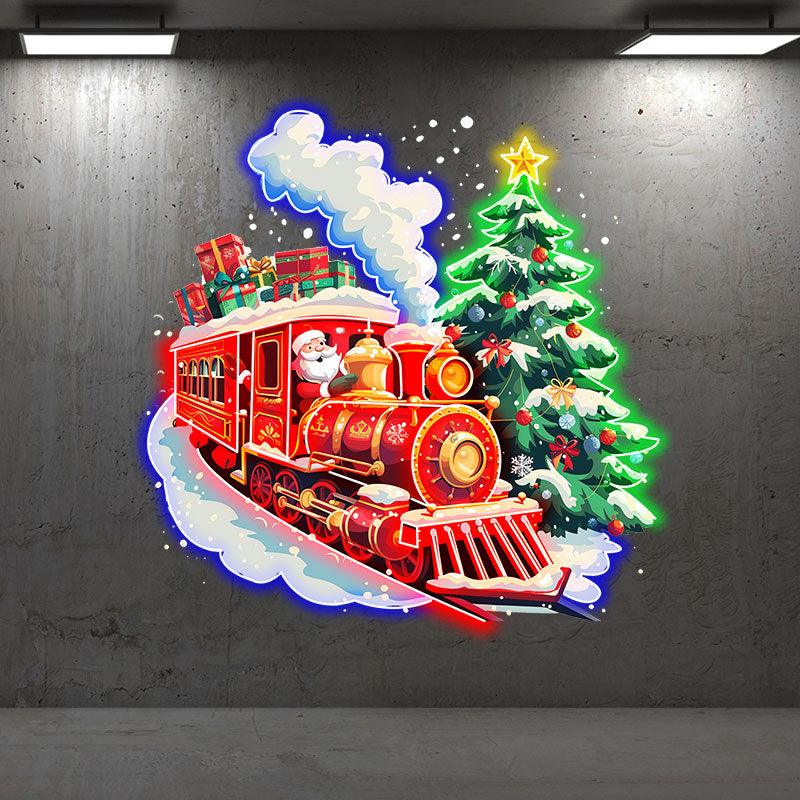 Santa Claus Red Train LED Lights neon signs - Filled with Christmas Gifts with Green Christmas Tree, Perfect Holiday Decoration