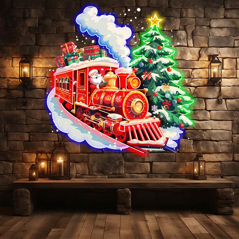 Santa Claus Red Train LED Lights neon signs - Filled with Christmas Gifts with Green Christmas Tree, Perfect Holiday Decoration