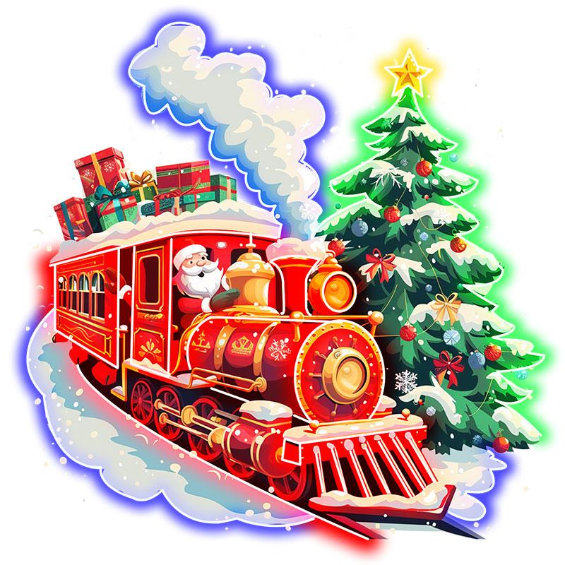Santa Claus Red Train LED Lights neon signs - Filled with Christmas Gifts with Green Christmas Tree, Perfect Holiday Decoration