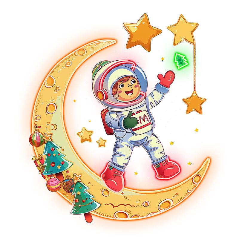 Astronauts on a golden Christmas-decorated moon: happy stargazing holiday miracle neon signs