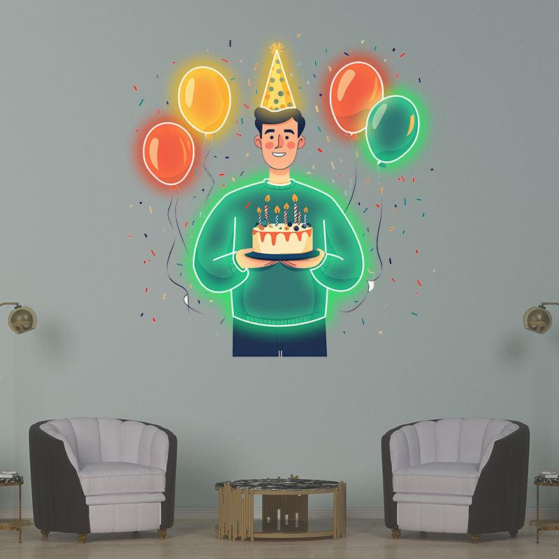 Man Wearing Hat Holding Birthday Cake Neon signs | LED Decoration Lights | Floating Balloon Birthday Wishes | Creative Party Favors
