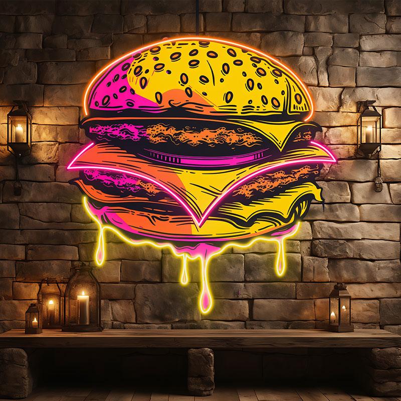 Golden Burger Neon signs Lights - LED light fixtures, sandwich steak and tenderloin, dripping with flavorful juices, creative home decor, perfect party atmosphere