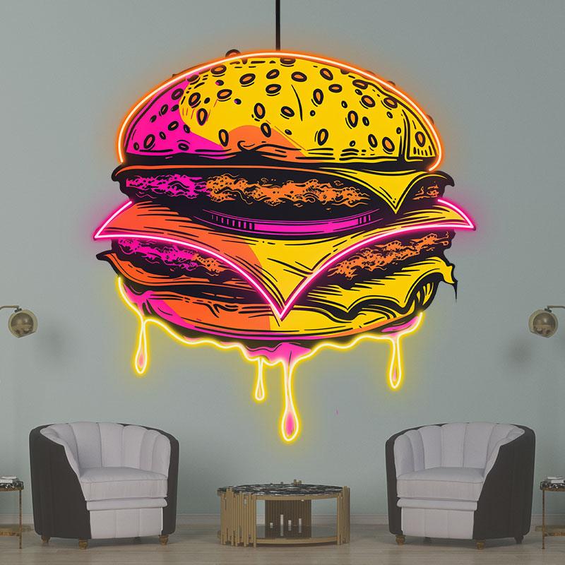 Golden Burger Neon signs Lights - LED light fixtures, sandwich steak and tenderloin, dripping with flavorful juices, creative home decor, perfect party atmosphere