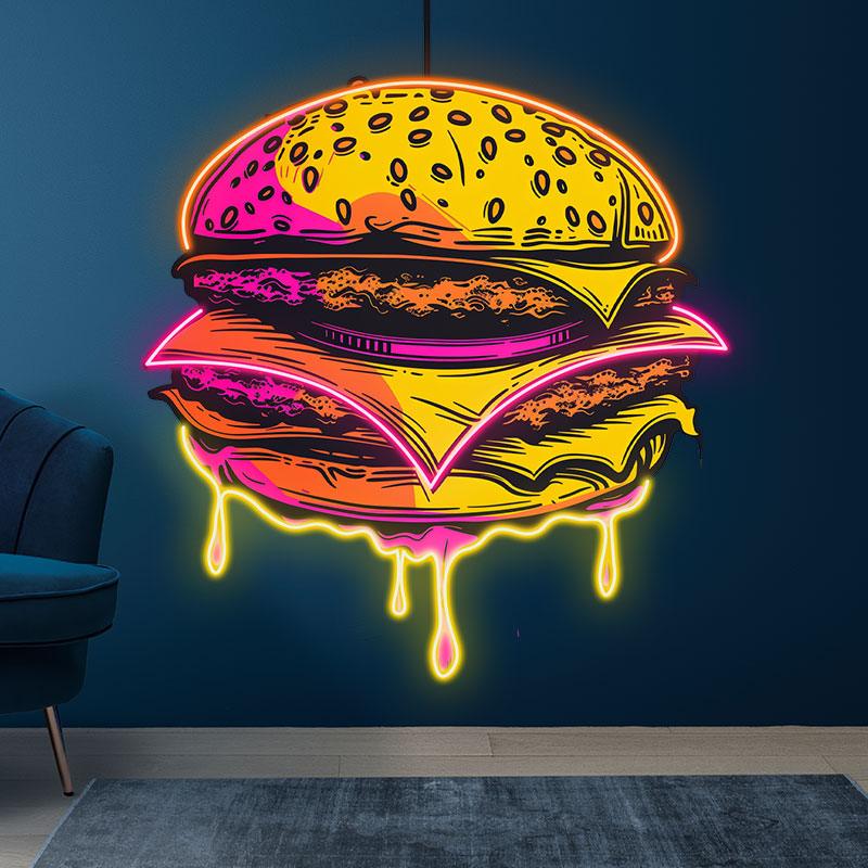 Golden Burger Neon signs Lights - LED light fixtures, sandwich steak and tenderloin, dripping with flavorful juices, creative home decor, perfect party atmosphere