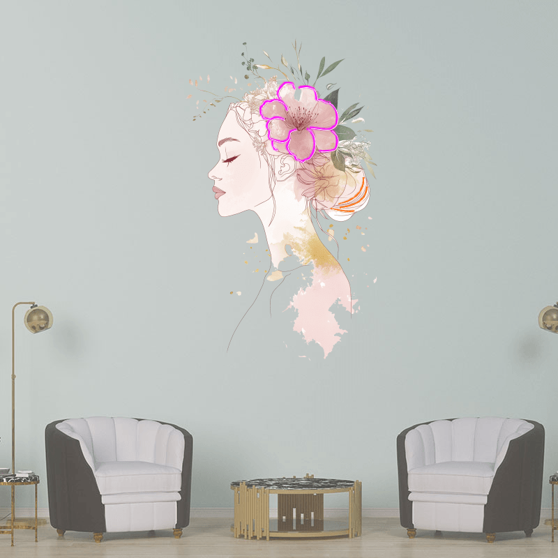 Fashion European and American Beauty Sketch Neon signs Lights - Side Face Head Portrait with Big Bouquet of Flowers on Head Decorative LED Lights, Personalized Home and Creative Space Lighting