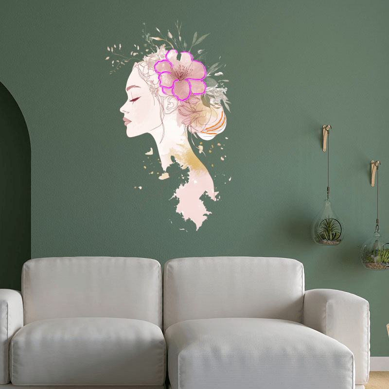 Fashion European and American Beauty Sketch Neon signs Lights - Side Face Head Portrait with Big Bouquet of Flowers on Head Decorative LED Lights, Personalized Home and Creative Space Lighting