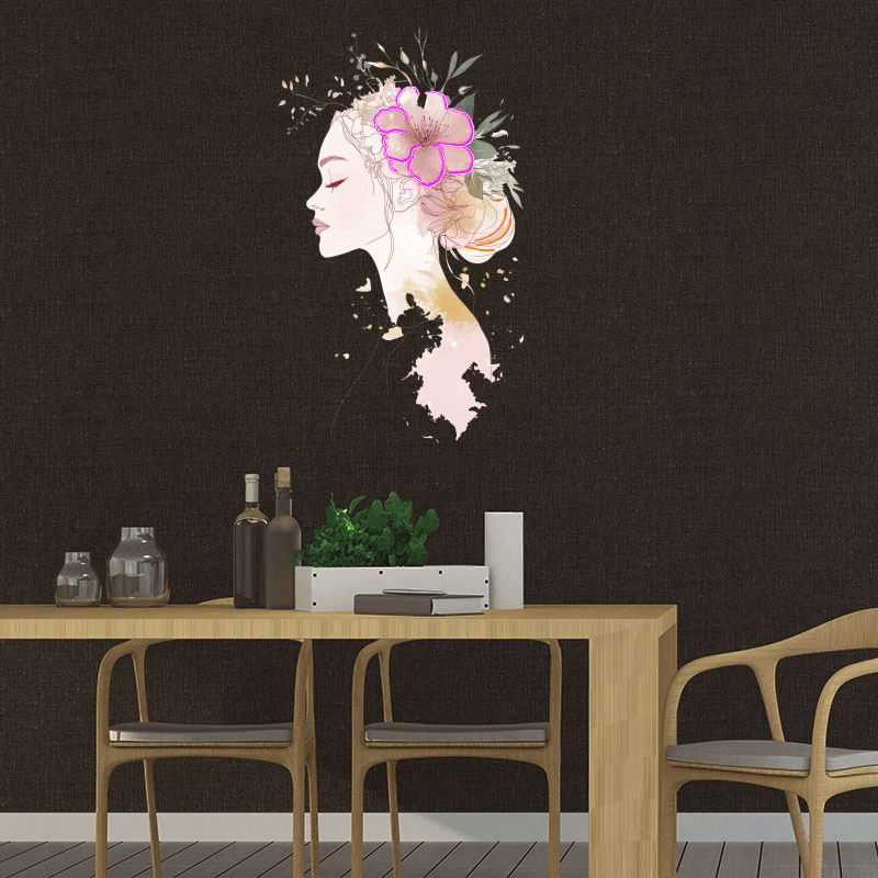 Fashion European and American Beauty Sketch Neon signs Lights - Side Face Head Portrait with Big Bouquet of Flowers on Head Decorative LED Lights, Personalized Home and Creative Space Lighting