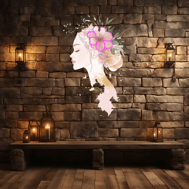 Fashion European and American Beauty Sketch Neon signs Lights - Side Face Head Portrait with Big Bouquet of Flowers on Head Decorative LED Lights, Personalized Home and Creative Space Lighting