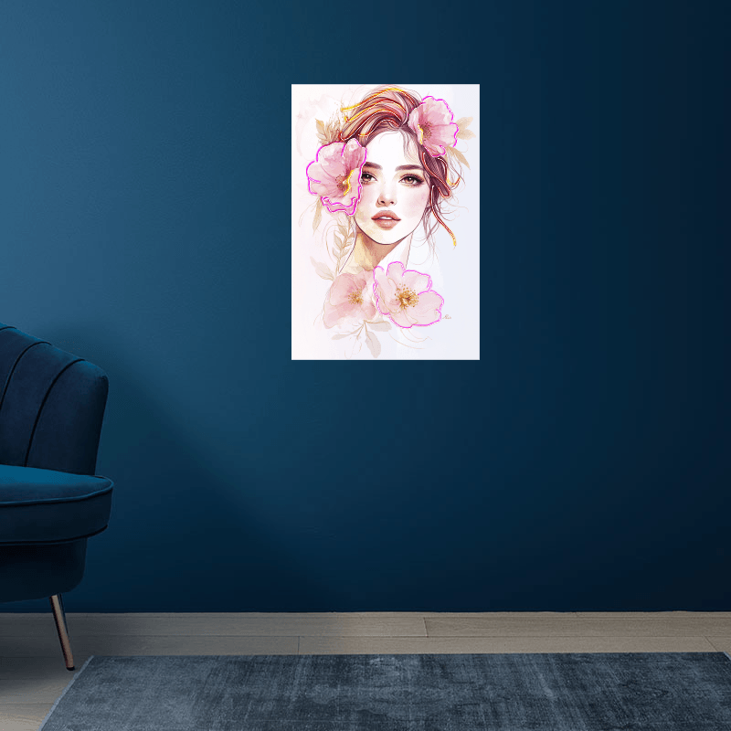 Fashion European and American Beauty Face Close-up Neon signs - Easy Painting Square Photo Frame LED Decorative Lamp Surrounded by Big Pink Flowers, Personalized Home and Creative Space Lighting
