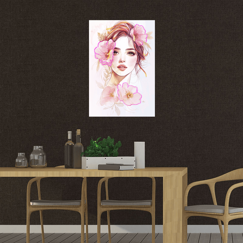 Fashion European and American Beauty Face Close-up Neon signs - Easy Painting Square Photo Frame LED Decorative Lamp Surrounded by Big Pink Flowers, Personalized Home and Creative Space Lighting