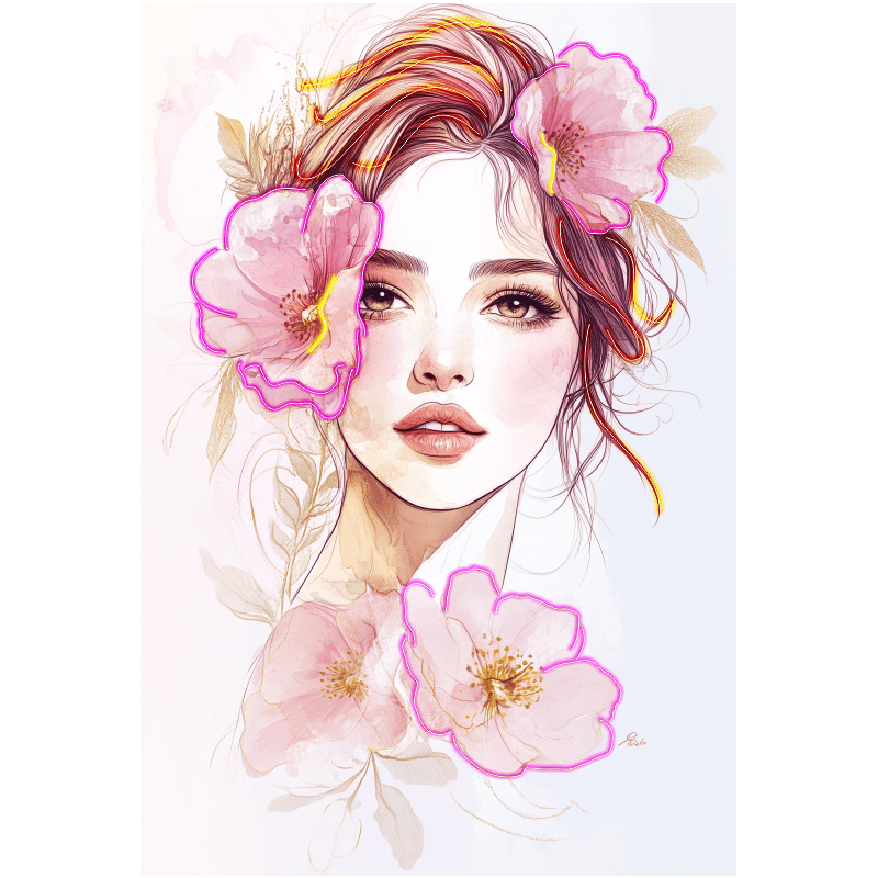 Fashion European and American Beauty Face Close-up Neon signs - Easy Painting Square Photo Frame LED Decorative Lamp Surrounded by Big Pink Flowers, Personalized Home and Creative Space Lighting