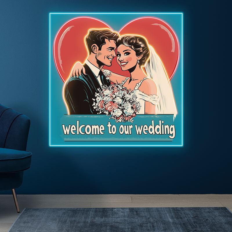 Square Wedding Neon signs | Bride and Groom Happy Hugs | Red Big Love Background | LED Decoration Lighting
