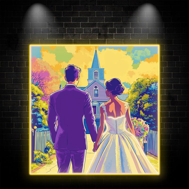 Square Photo Frame Neon signs| Bride And Groom Holding Hands Facing Church | Golden Grass And Clouds Background | LED Wedding Decoration