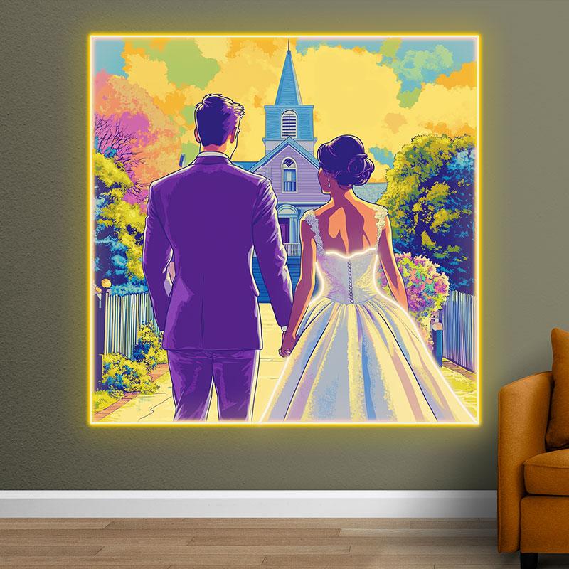 Square Photo Frame Neon signs| Bride And Groom Holding Hands Facing Church | Golden Grass And Clouds Background | LED Wedding Decoration