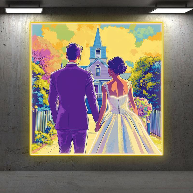 Square Photo Frame Neon signs| Bride And Groom Holding Hands Facing Church | Golden Grass And Clouds Background | LED Wedding Decoration