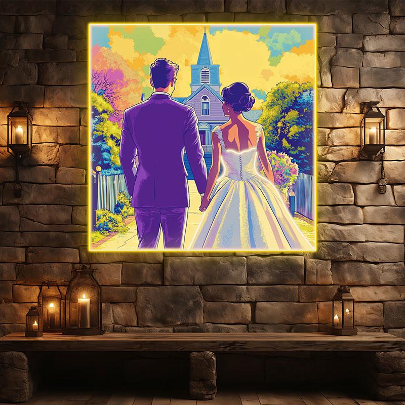 Square Photo Frame Neon signs| Bride And Groom Holding Hands Facing Church | Golden Grass And Clouds Background | LED Wedding Decoration