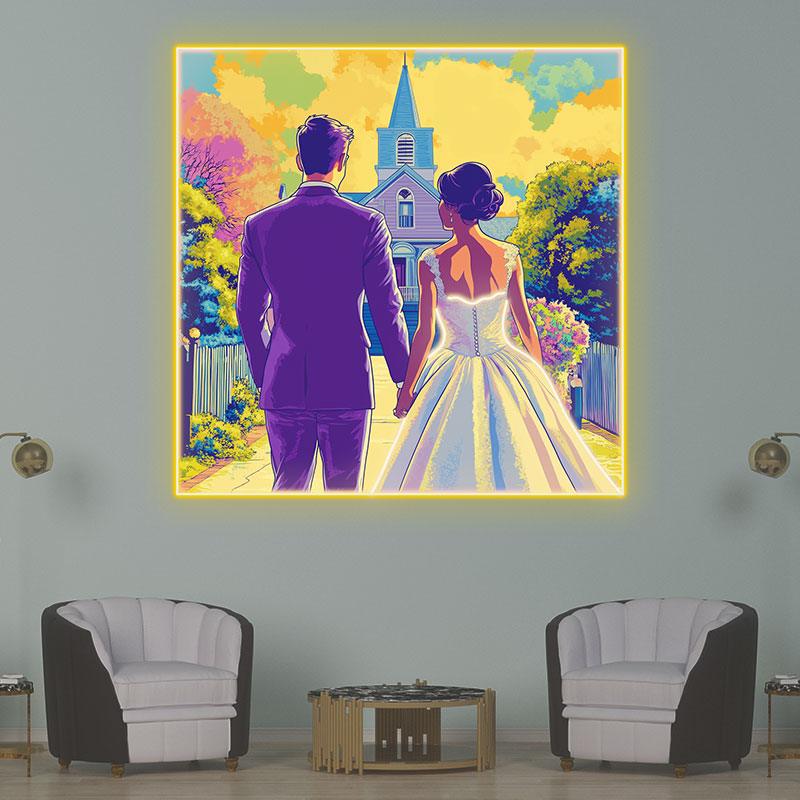 Square Photo Frame Neon signs| Bride And Groom Holding Hands Facing Church | Golden Grass And Clouds Background | LED Wedding Decoration