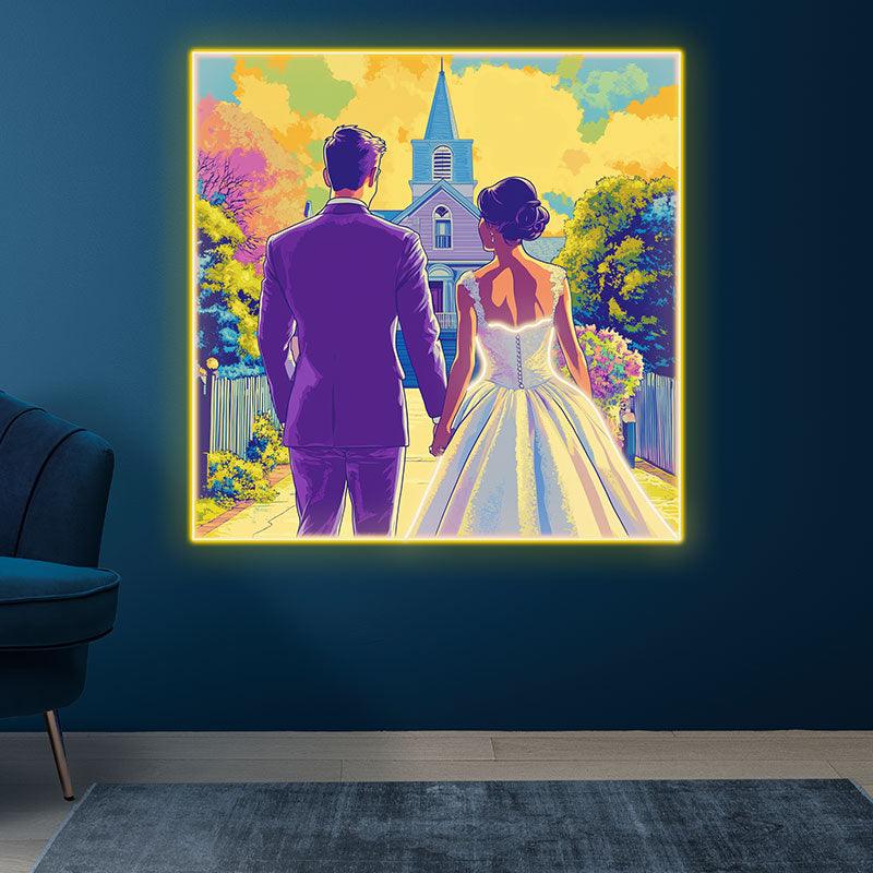 Square Photo Frame Neon signs| Bride And Groom Holding Hands Facing Church | Golden Grass And Clouds Background | LED Wedding Decoration