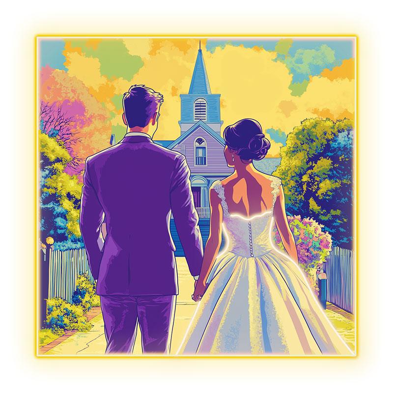 Square Photo Frame Neon signs| Bride And Groom Holding Hands Facing Church | Golden Grass And Clouds Background | LED Wedding Decoration