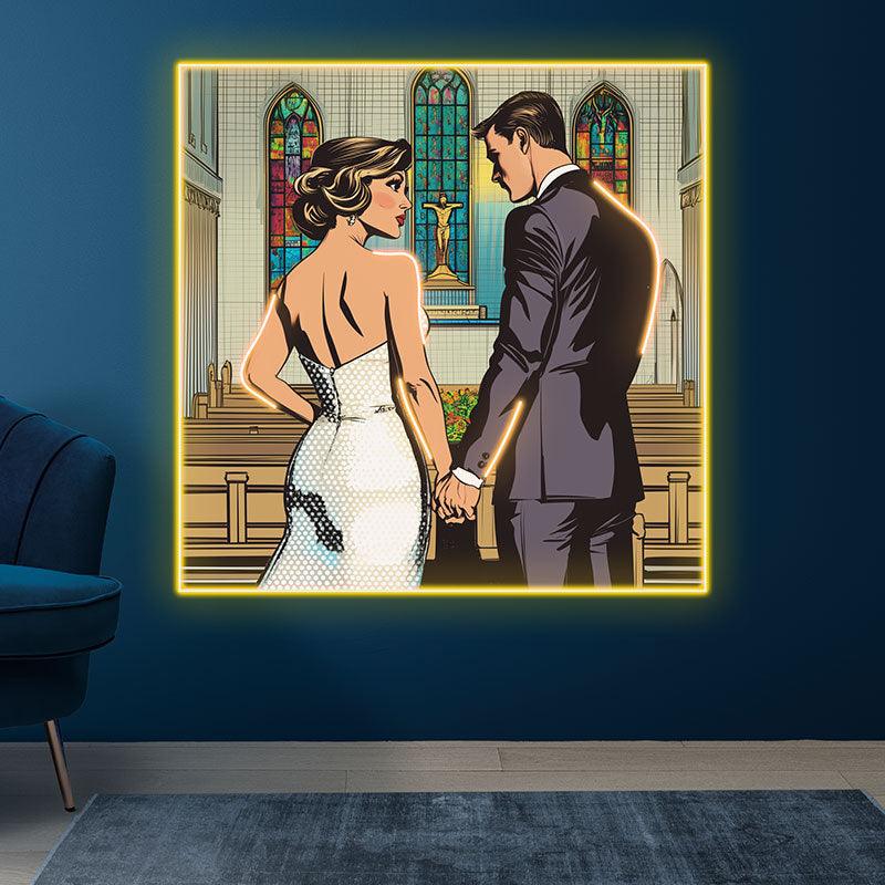 Square Photo Frame Neon signs | Bride And Groom Holding Hands In Church | LED Wedding Decoration Lighting | Romantic Atmosphere