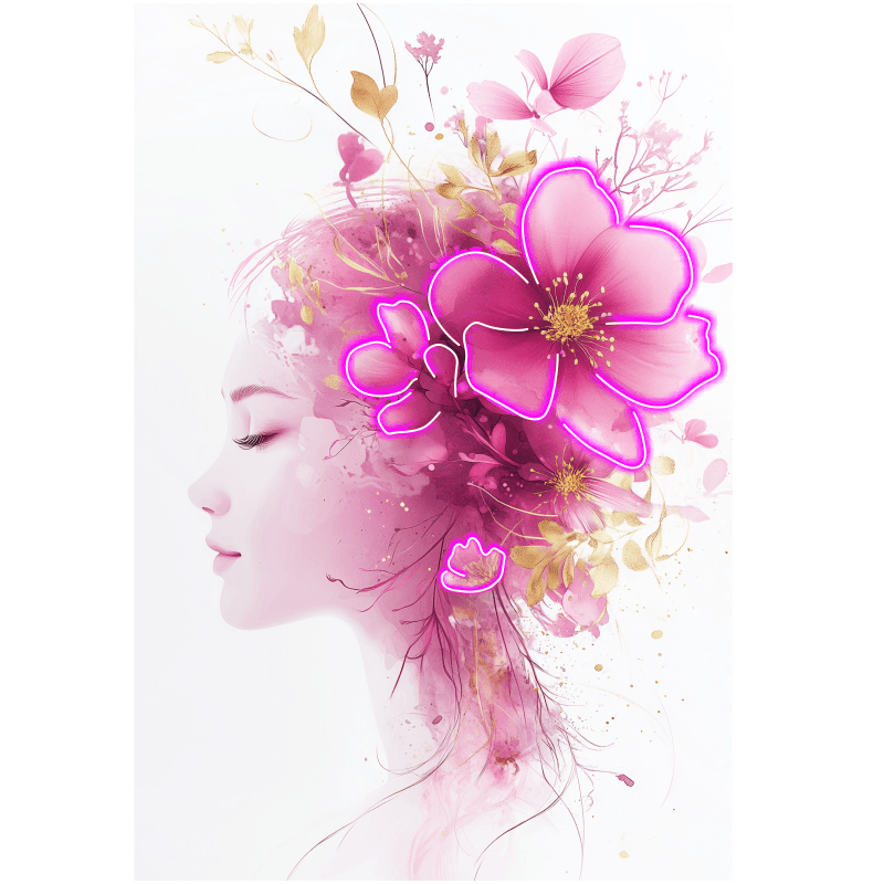 European and American beauty profile portrait neon signs - LED decorative lights with pink bouquets on the head, personalized home and creative space lighting
