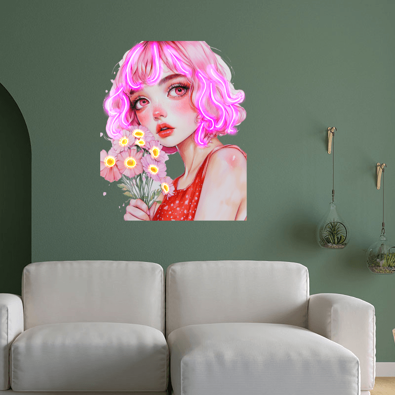 European and American cartoon beauties neon signs - red dress with hair, handheld pink floral decoration - LED light art decorations
