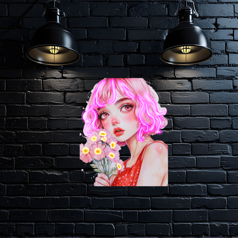 European and American cartoon beauties neon signs - red dress with hair, handheld pink floral decoration - LED light art decorations