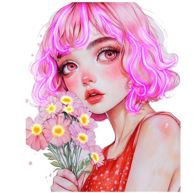 European and American cartoon beauties neon signs - red dress with hair, handheld pink floral decoration - LED light art decorations