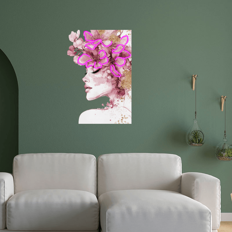 Beautiful Girl Profile LED Neon Sign in Square Frame - Floral Hair Decoration - Perfect for Home Decor & Unique Gifts