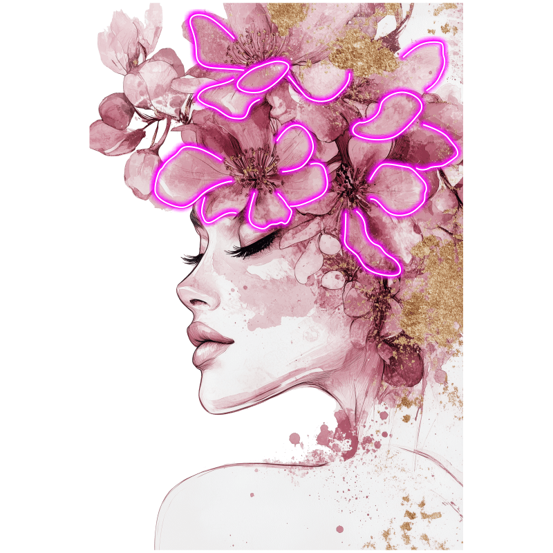 Beautiful Girl Profile LED Neon Sign in Square Frame - Floral Hair Decoration - Perfect for Home Decor & Unique Gifts