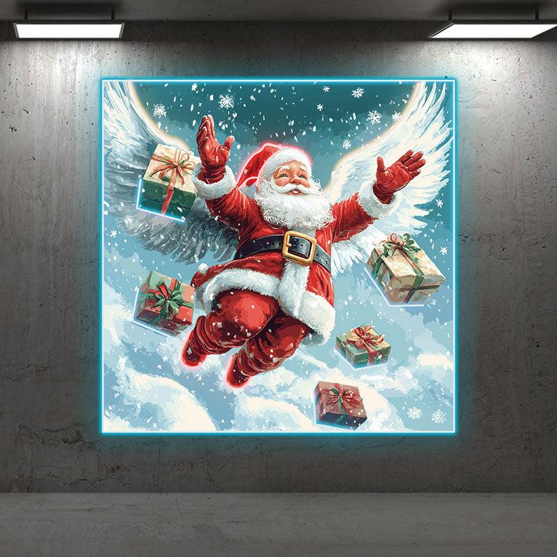 Flying Santa Claus Neon signs | Snow White Wings With Christmas Gift Box Decoration | LED Holiday Lights