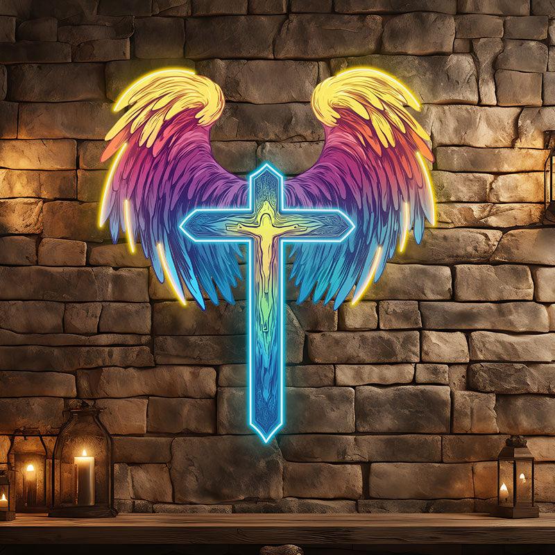 Spread Wings Cross Neon signs| Reddish Yellow Feather Decoration | LED Art Lighting