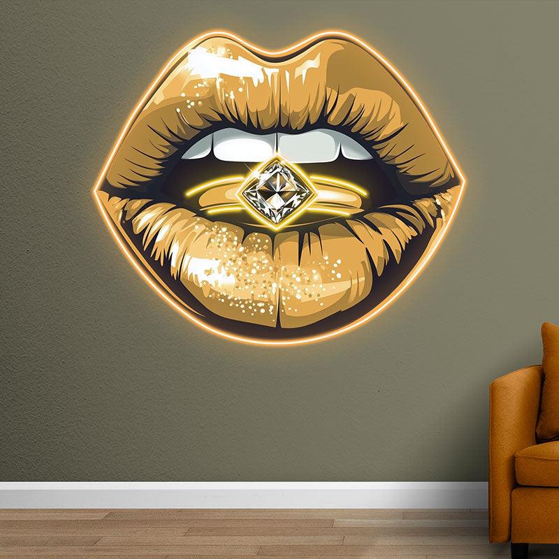 Glamorous Lip Close-Up LED Neon Sign - Sparkling Yellow Lipstick with Diamond Ring - Perfect for Beauty Salons & Home Decor