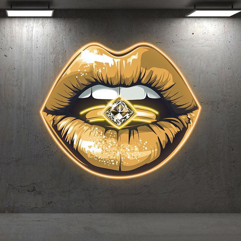 Glamorous Lip Close-Up LED Neon Sign - Sparkling Yellow Lipstick with Diamond Ring - Perfect for Beauty Salons & Home Decor
