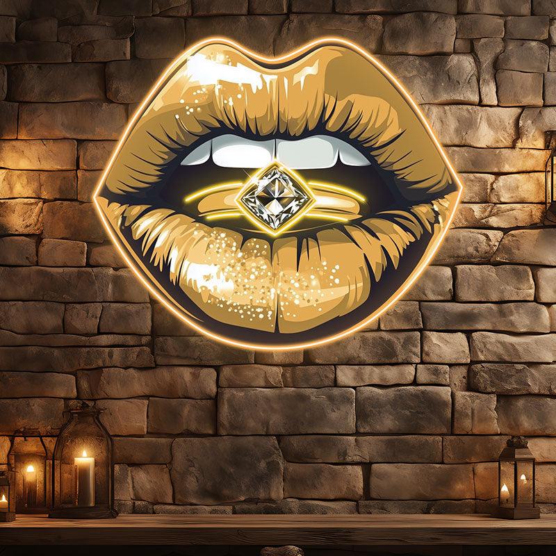 Glamorous Lip Close-Up LED Neon Sign - Sparkling Yellow Lipstick with Diamond Ring - Perfect for Beauty Salons & Home Decor