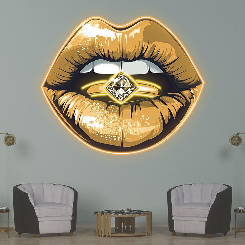 Glamorous Lip Close-Up LED Neon Sign - Sparkling Yellow Lipstick with Diamond Ring - Perfect for Beauty Salons & Home Decor