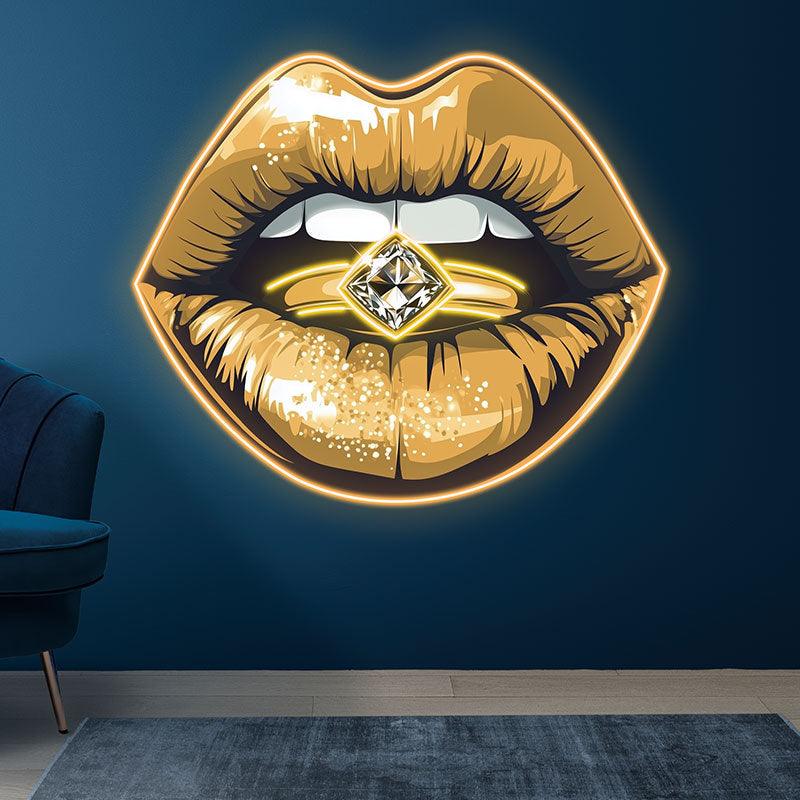 Glamorous Lip Close-Up LED Neon Sign - Sparkling Yellow Lipstick with Diamond Ring - Perfect for Beauty Salons & Home Decor