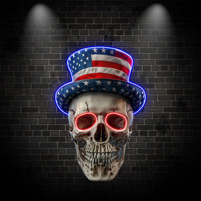Smiling Skull with American Flag Hat and Glasses: neon signs A Fun and Patriotic Decor!