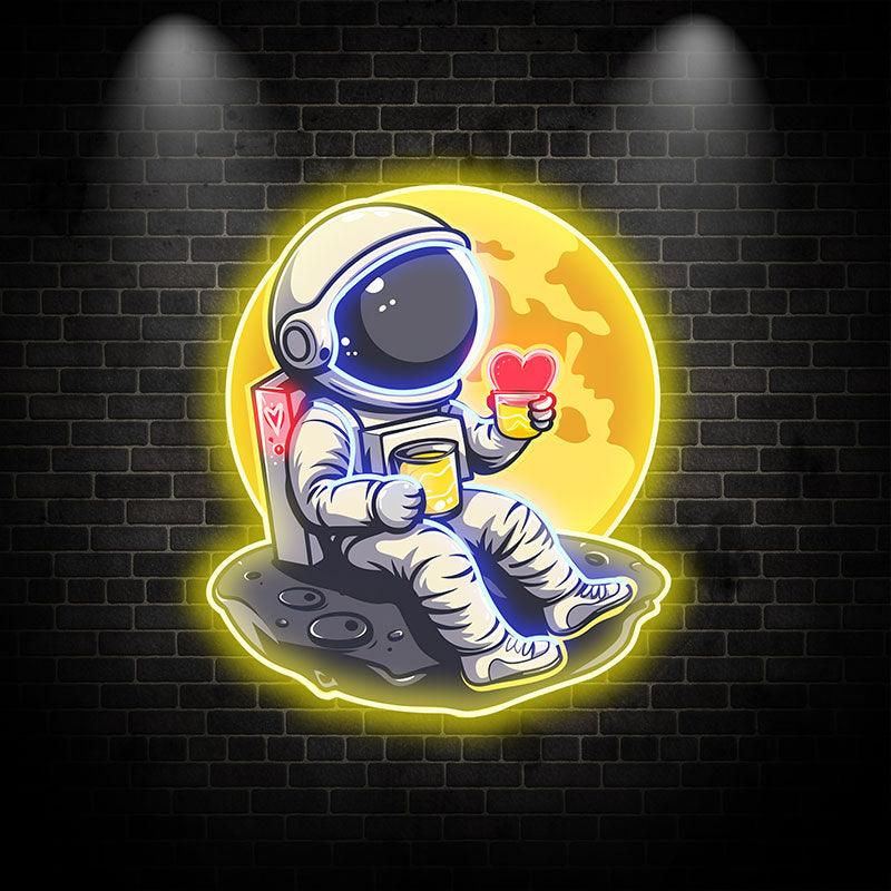 Love in Space: Astronaut Sipping Heart-Shaped Drink Neon Light - Charming LED Decor for Romantic Space Enthusiasts