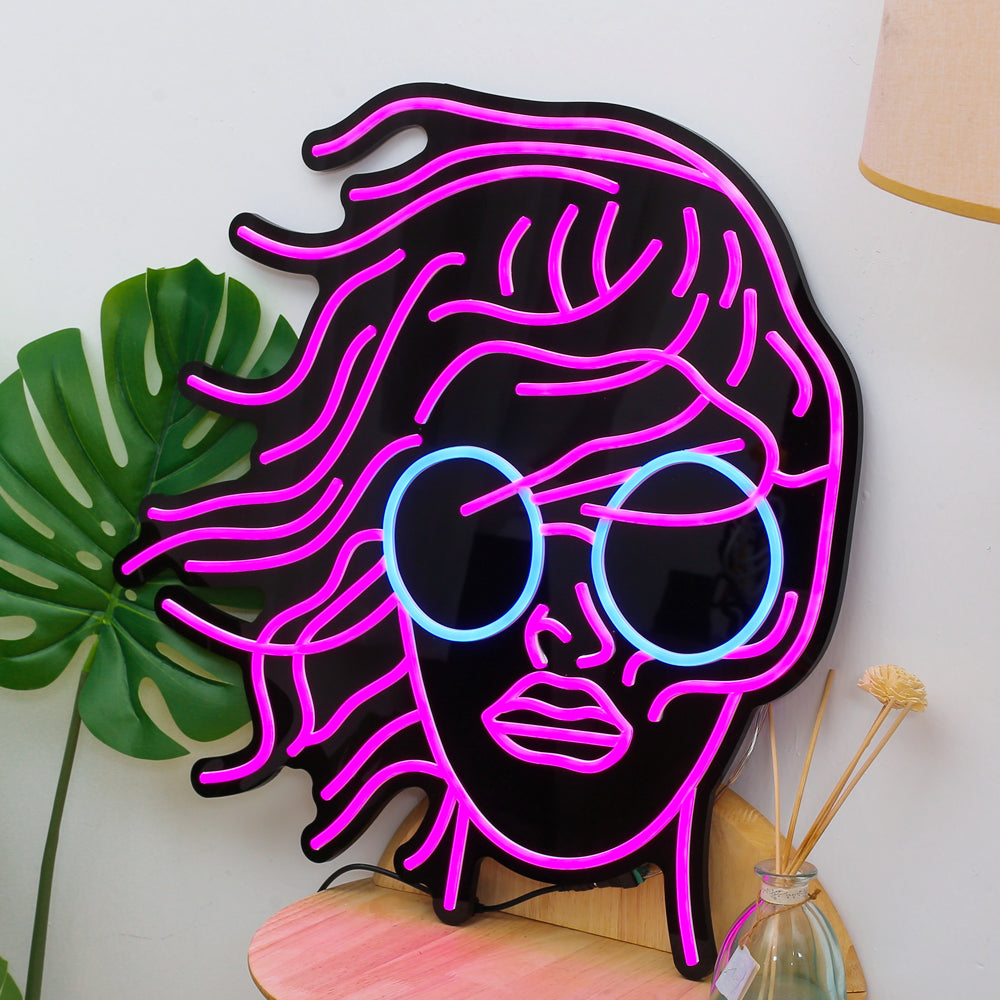 long hair woman neon sign with black backboard
