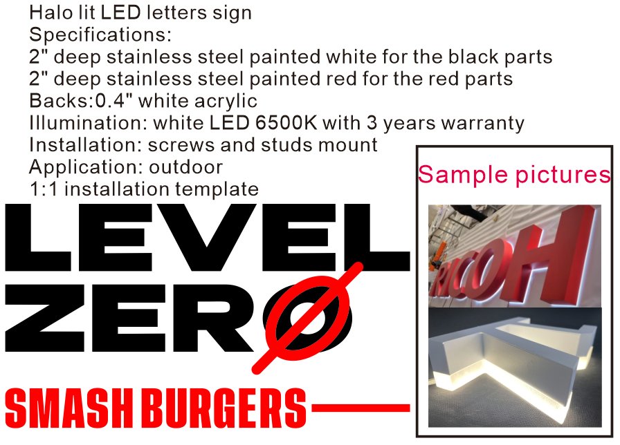 half payment of halo lit LED letters sign of "LEVEL ZERO......" red and white