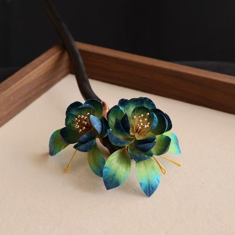 Handcrafted Intangible Cultural Heritage Velvet Flower Sandalwood Hairpin Headpiece Gift for Everyday Hairstyles