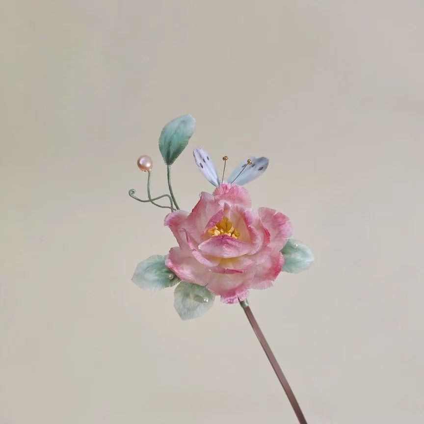 Handmade original design velvet flower hairpin, rose hairpin, butterfly hairpin, intangible cultural heritage velvet rose flower.