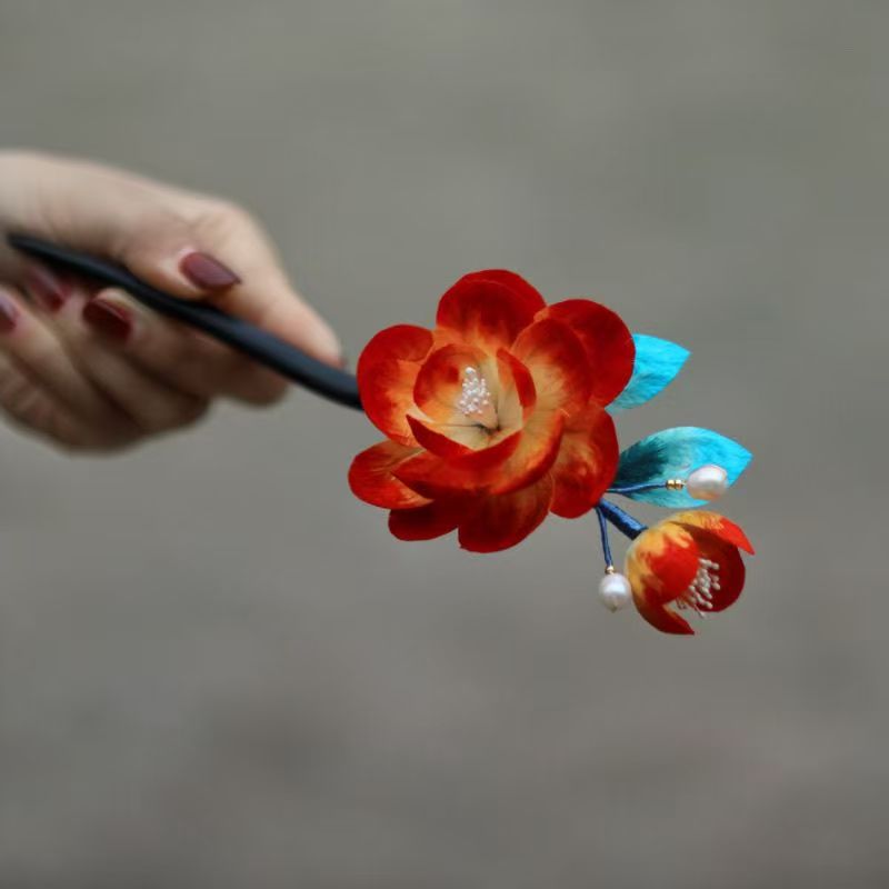 Original velvet flower hairpin headdress, sophisticated and simple tassel