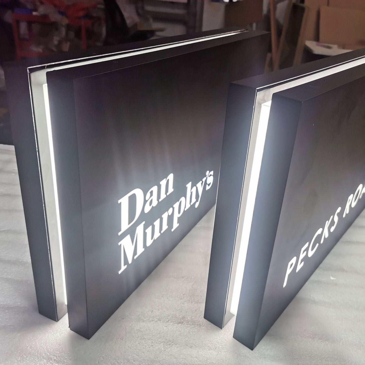Outdoor store front double sided illuminated rectangle stainless steel led light box wall blade sign