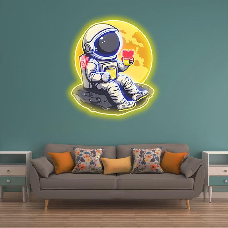 Love in Space: Astronaut Sipping Heart-Shaped Drink Neon Light - Charming LED Decor for Romantic Space Enthusiasts